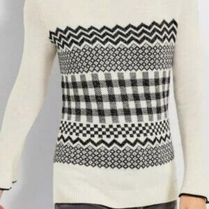 Talbots NEW Wool Blend Geometric Print Crew Neck Sweater Sz L Ivory/Black